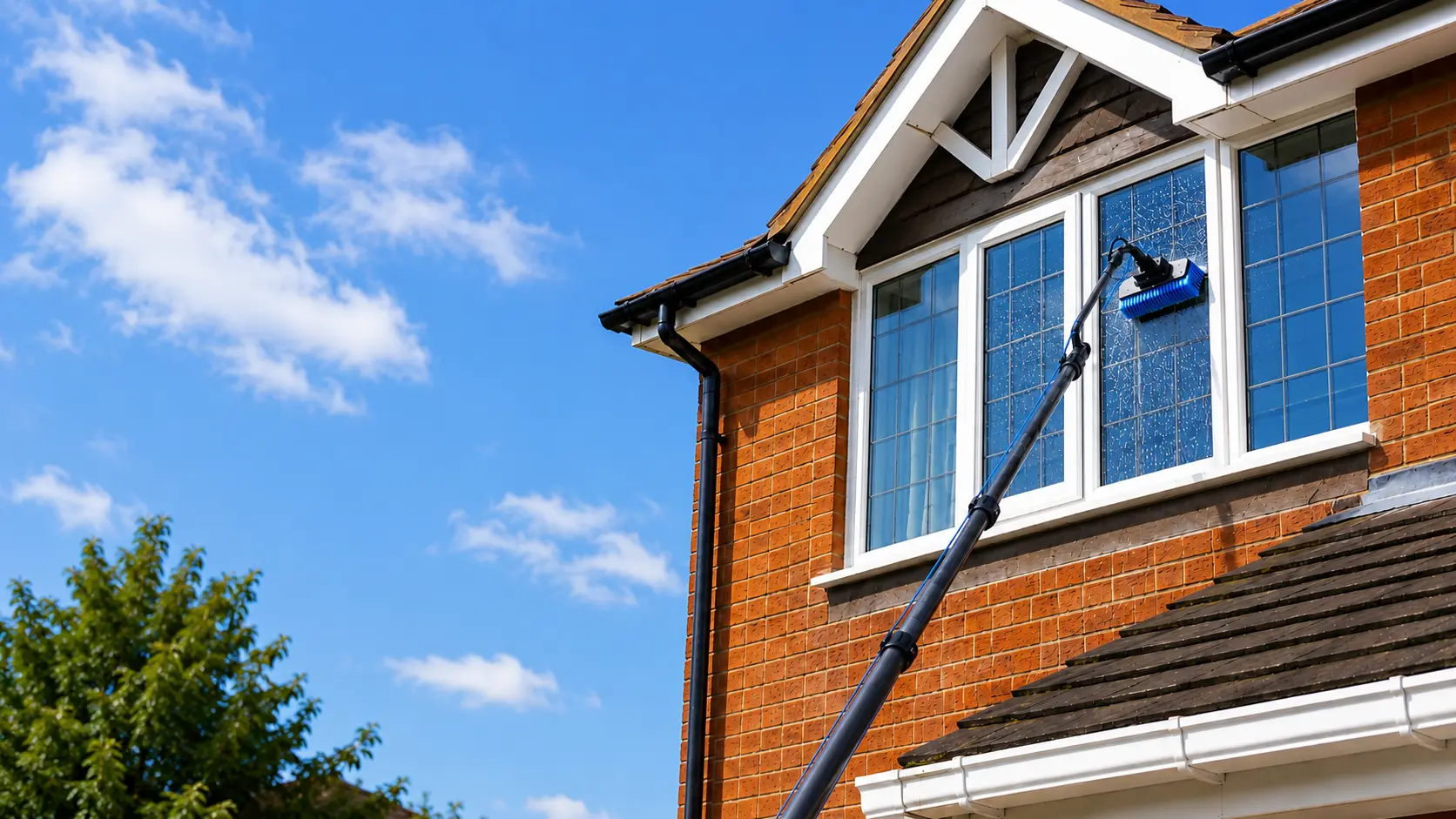 Cleaning high windows crystal clear using a pole.